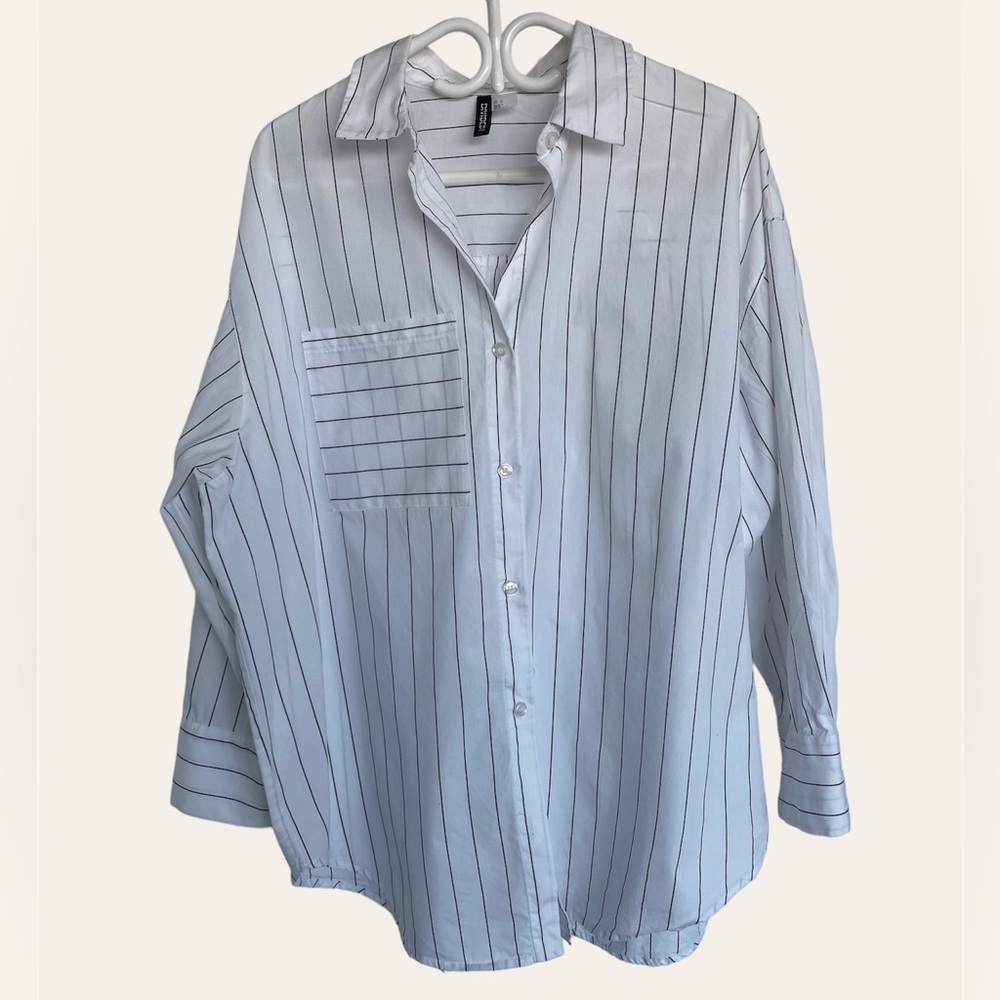 H&M oversized white with black strip button down shirt